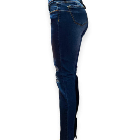 Mid Rise Distressed Fray Hem Denim Jeans Side View