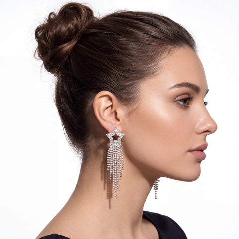 Silver Star Sparkle Long Tassel Dangle Earrings - Silver / Adults / alloy/rhinestones - Women’s Earrings