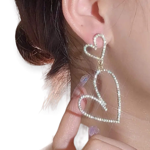 Silver Cut Out Hearts Sparkling Long Earrings