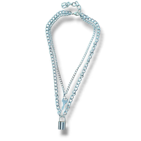 Silver layered padlock and key necklace with chunky link chains and adjustable lobster clasp
