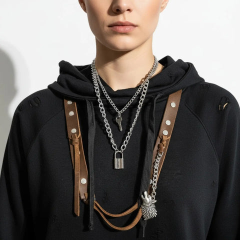 Silver layered padlock and key necklace with chunky link chains and adjustable lobster clasp