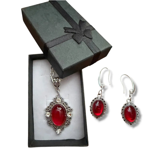 Antique Silver Red Cabochon Necklace & Earrings Set Ruby Red Victorian Gothic jewelry in black gift box 