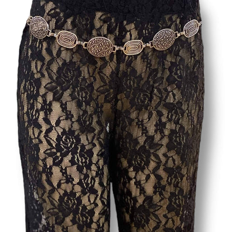 Silver abstract metal link western belt with antique textured oval links and adjustable lobster clasp extender, wearable high waist or low hip, fits 22 to 40 inches