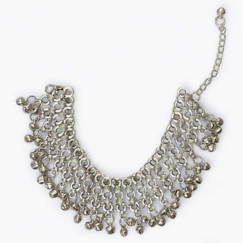 Silver wide tassel anklet bracelet with dangling mini bells and boho link band—perfect for festivals, belly dancing, beach vibes, or tribal-inspired looks.