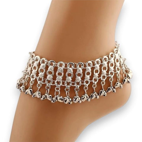 Silver wide tassel anklet bracelet with dangling mini bells and boho link band—perfect for festivals, belly dancing, beach vibes, or tribal-inspired looks.