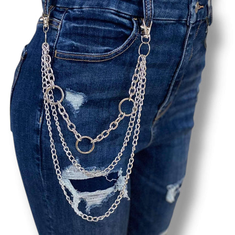 Multi-Layer Silver Pants Chains silver chunky chain pants chain- chunky silver triple curb pants chain with O-rings