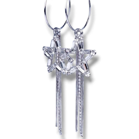 Silver Crystal Star Tassel Dangle Earrings - Star Tassel Dangle Earrings / Silver / One Size - Women’s Earrings