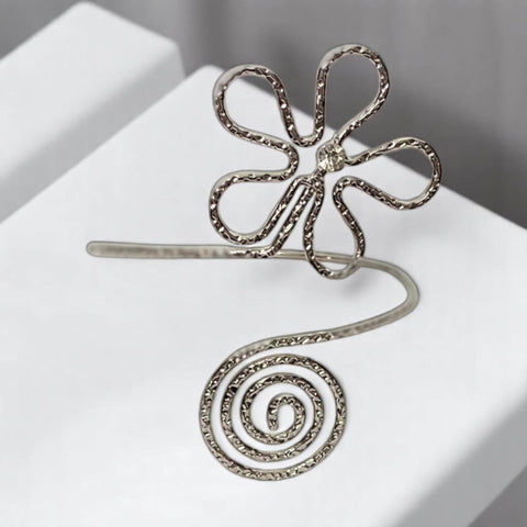 Boho Textured Statement Upper Arm Cuff  Oversized Silver textured spiral flower power with rhinestone upper armband bracelet 