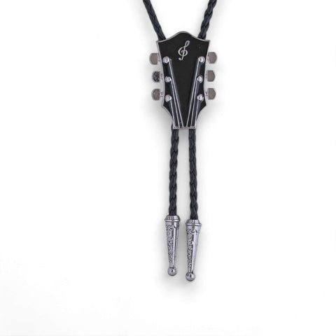 Country Music Guitar Leather Bolo necktie with adjustable slider and braided faux leather rope in black silver, red gold, or blue gold