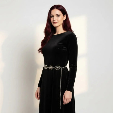 Silver Stars Abstract Link Statement Belt with celestial metal panels, adjustable clasp and chain