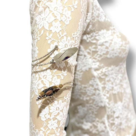 Boho Textured Statement Upper Arm Cuff  Silver Leaf Open Armlet Body Jewelry Armlets
