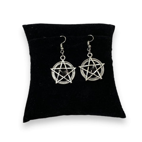Silver pentagram drop earrings with antique silver alloy design and black faceted bead, gothic witchy aesthetic, pierced hook earrings for spiritual style