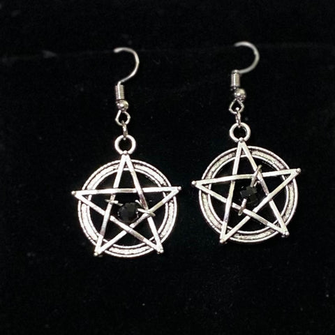 Silver pentagram drop earrings with antique silver alloy design and black faceted bead, gothic witchy aesthetic, pierced hook earrings for spiritual style