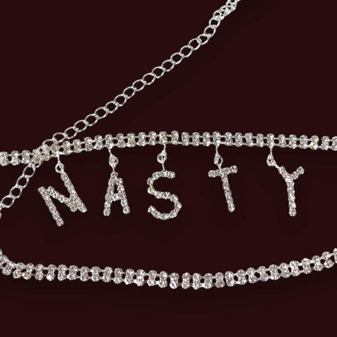 Silver Rhinestone Dangle Multi Wrap Anklet Nasty on dark red background