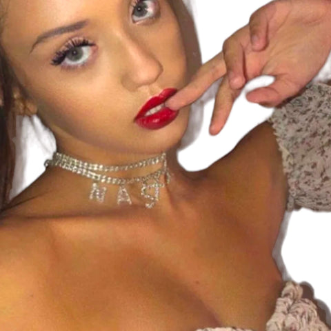 Silver Rhinestone Dangle Multi Wrap Anklet Nasty being worn as a choker