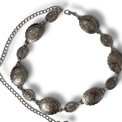 Vintage Western Silver Aztec Chain Belt antique-silver western concho etched oval Aztec floral links, adjustable waist