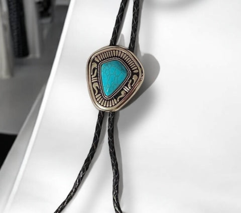Western Gem Bolo Tie -Navajo silver detailed turquoise color stone necktie