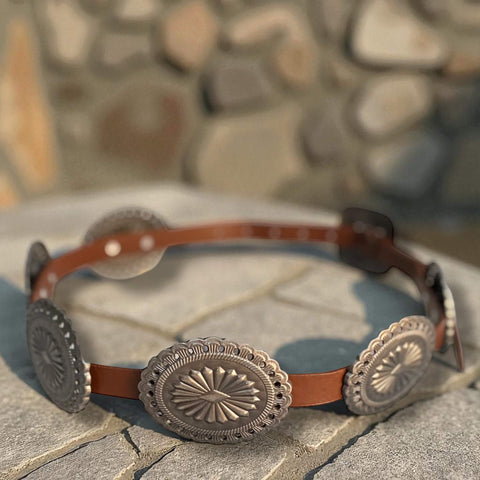 Western Silver Oval Floral Links Belt brown strap tooled silver medallion links