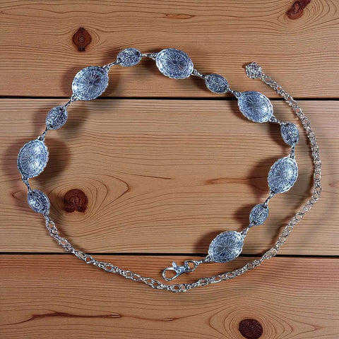 Vintage Western Silver Aztec Chain Belt antique-silver western concho etched oval Aztec floral links, adjustable waist