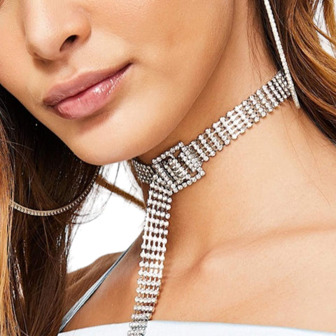 Silver Rhinstone Buckle Belt Choker Necklace - Wild Time Fashion