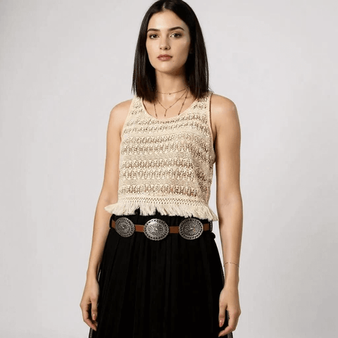 Western Silver Oval Floral Links Belt Model wearing brown leather strap silver metal concho belt