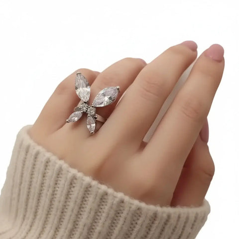Silver Butterfly Diamond Cuff Ring - Silver / Imitation jewelry / Female - Women’s Ring