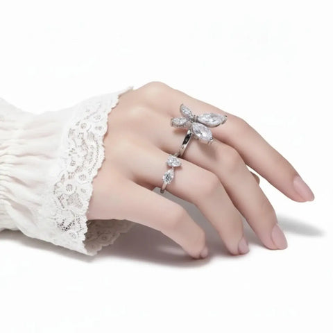 Silver Butterfly Diamond Cuff Ring - Silver / Imitation jewelry / Female - Women’s Ring