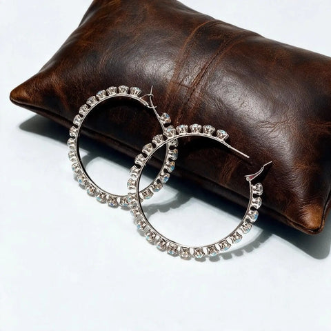 Silver Crystal Large Hoop Earrings with prong-set clip closure Aurora Borealis rhinestones and iridescent sparkle side view