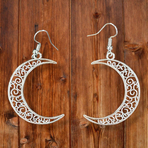 Boho western turquoise dangle earrings in three unique styles with silver-tone  filigree crescent moon on hooks