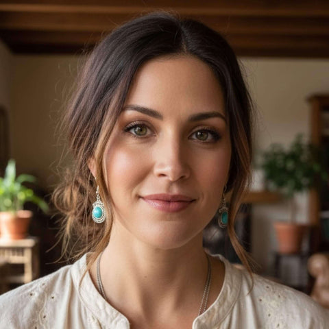 Boho western turquoise dangle earrings in three unique styles with silver-tone medallions, filigree crescent moon, or dome turquoise drop on hooks