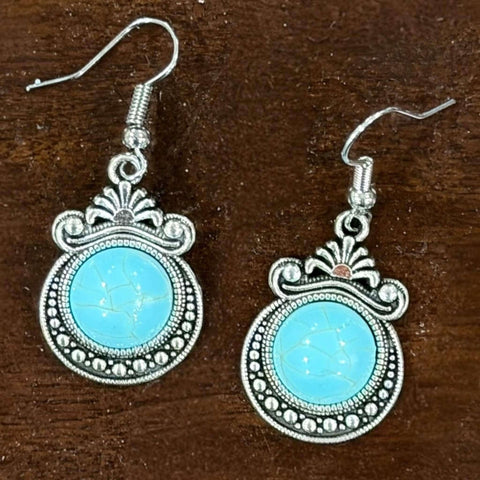 Boho western turquoise dangle earrings silver antique beaded dome turquoise drop on hooks