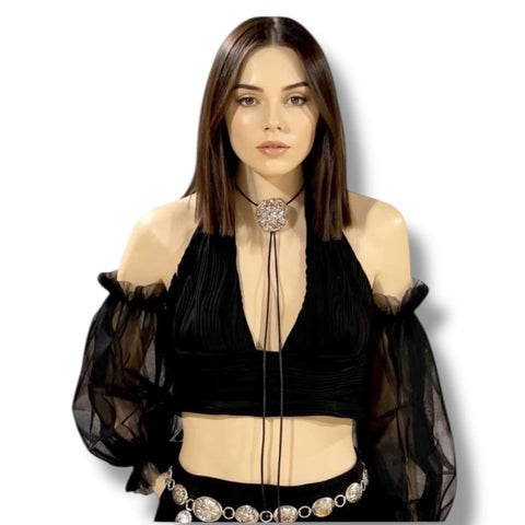 western floral pendant bolo tie in silver on black braided rope worn choker on woman