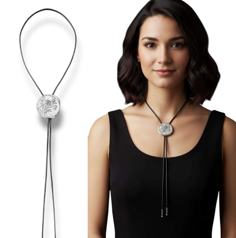 western floral pendant bolo tie in silver on black braided rope