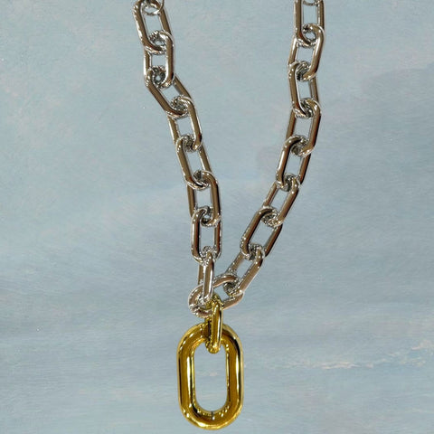 Two Tone Chunky Statement Choker silver and gold pendant adjustable lobster clasp and extension bold necklace one size