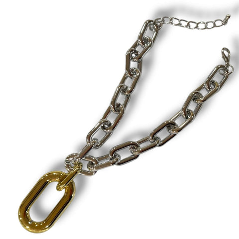 Two Tone Chunky Statement Choker silver and gold pendant adjustable lobster clasp and extension bold necklace one size