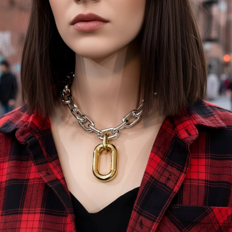 Two Tone Chunky Statement Choker silver and gold pendant adjustable lobster clasp and extension bold necklace one size