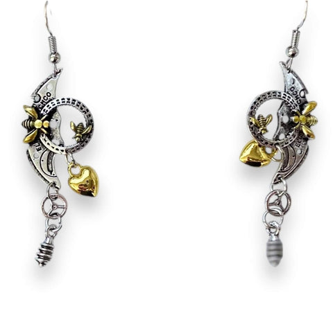 Mix metal steampunk earrings with silver and gold heart, bee, and gear charms – industrial dangle earrings for punk and whimsygoth style