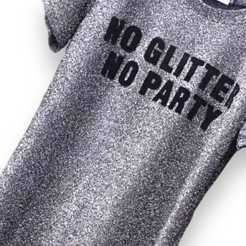 Flat lay: metallic gray t-shirt with black graphic text on front, short sleeves, crew neck
