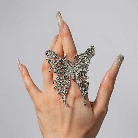 Silver Big Butterfly Flying Ring with wide filigree cutout wings and adjustable band – statement fairycore fashion jewelry for women