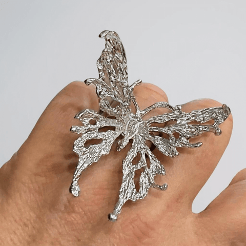 Silver Big Butterfly Flying Ring with wide filigree cutout wings and adjustable band – statement fairycore fashion jewelry for women