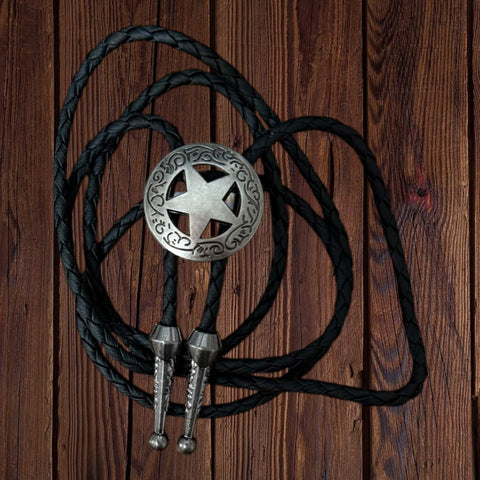 long lone star bolo tie with engraved antique star pendant on black braided faux leather rope western unisex necktie