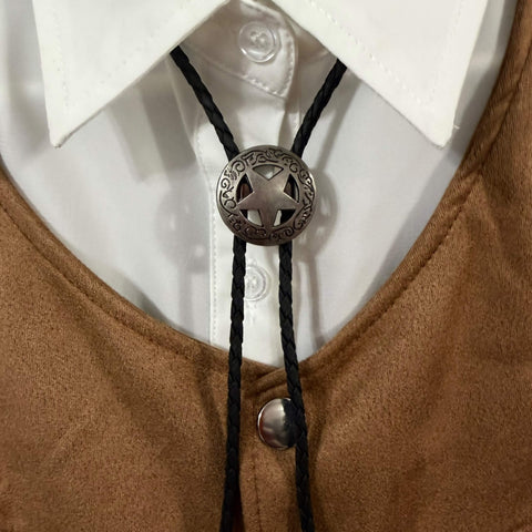 long lone star bolo tie with engraved antique star pendant on black braided faux leather rope western unisex necktie
