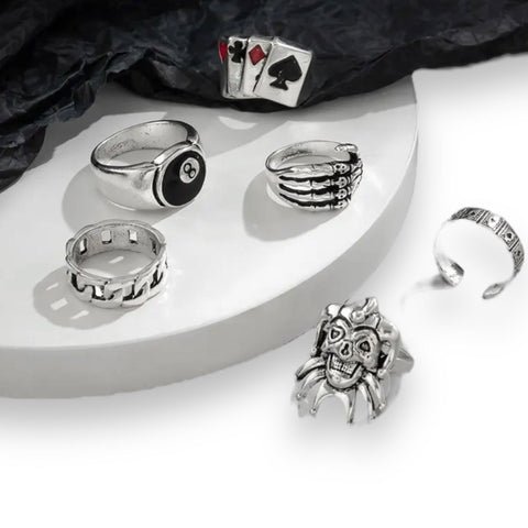 Gothic Punk Silver Gamblers Stackable Enamel Rings Set of 6-Wild Time Fashion