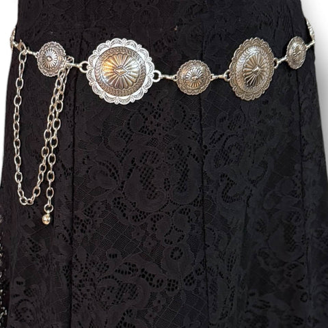 Plus Size Round Floral Concho Chain Belt in antique silver or gold with etched sunburst medallion links