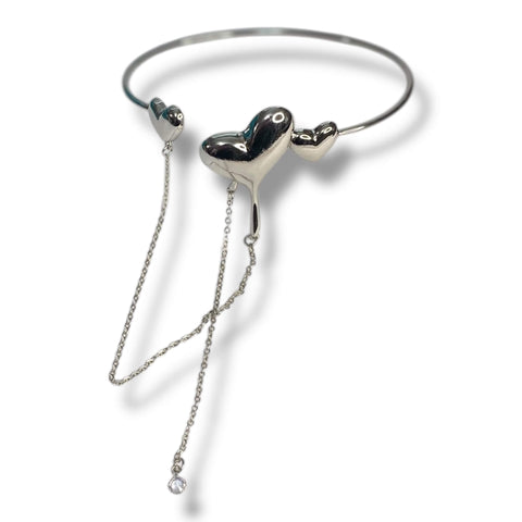 Boho Textured Statement Upper Arm Cuff Silver 3 Hearts Open Arm Bracelet, Dangle Chain Crystal  Body Jewelry Boho Armlet