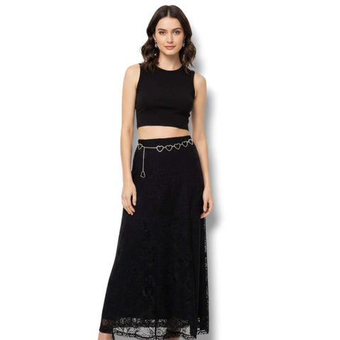 woman wearing black maxi skirt with  silver Open Heart Belly Body Chain Belt adjustable s/m