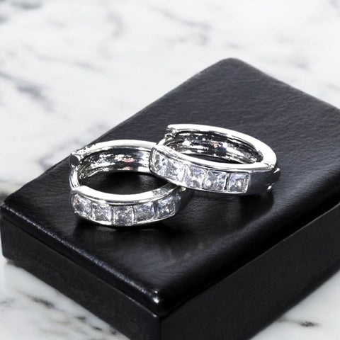 Silver Channel Set Crystals Hinge Hoop Earrings