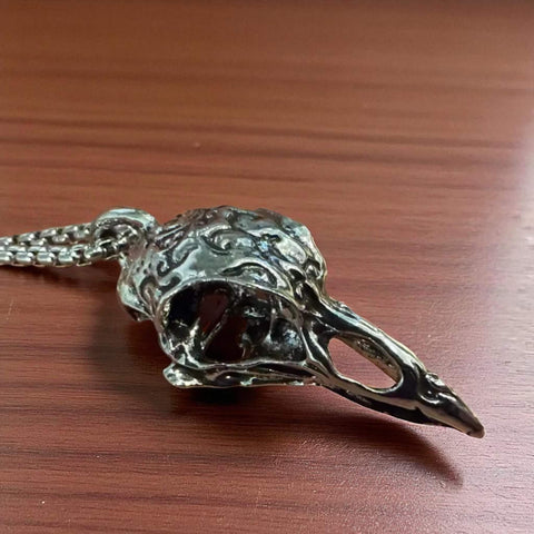 silver tone raven skull pendant on box chain necklace gothic raven skull necklace inspired by odin’s ravens