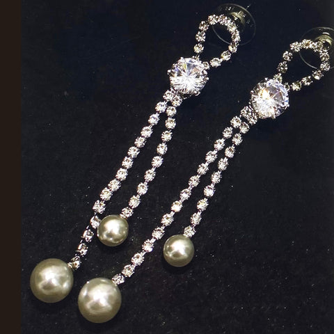 Shimmering Silver Ribbon Tassel Pearl Earrings- Wild Time Fashion