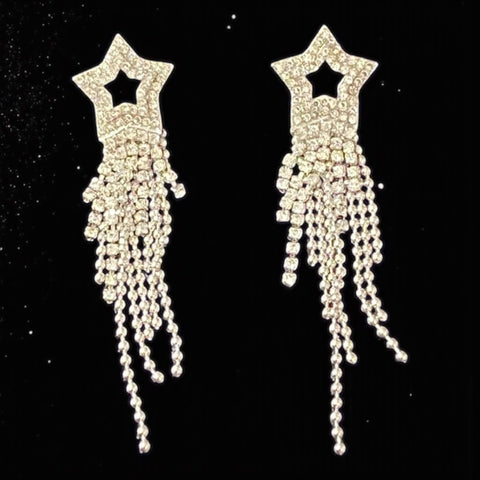 Silver Star Sparkle Long Tassel Earrings  black cosmic background